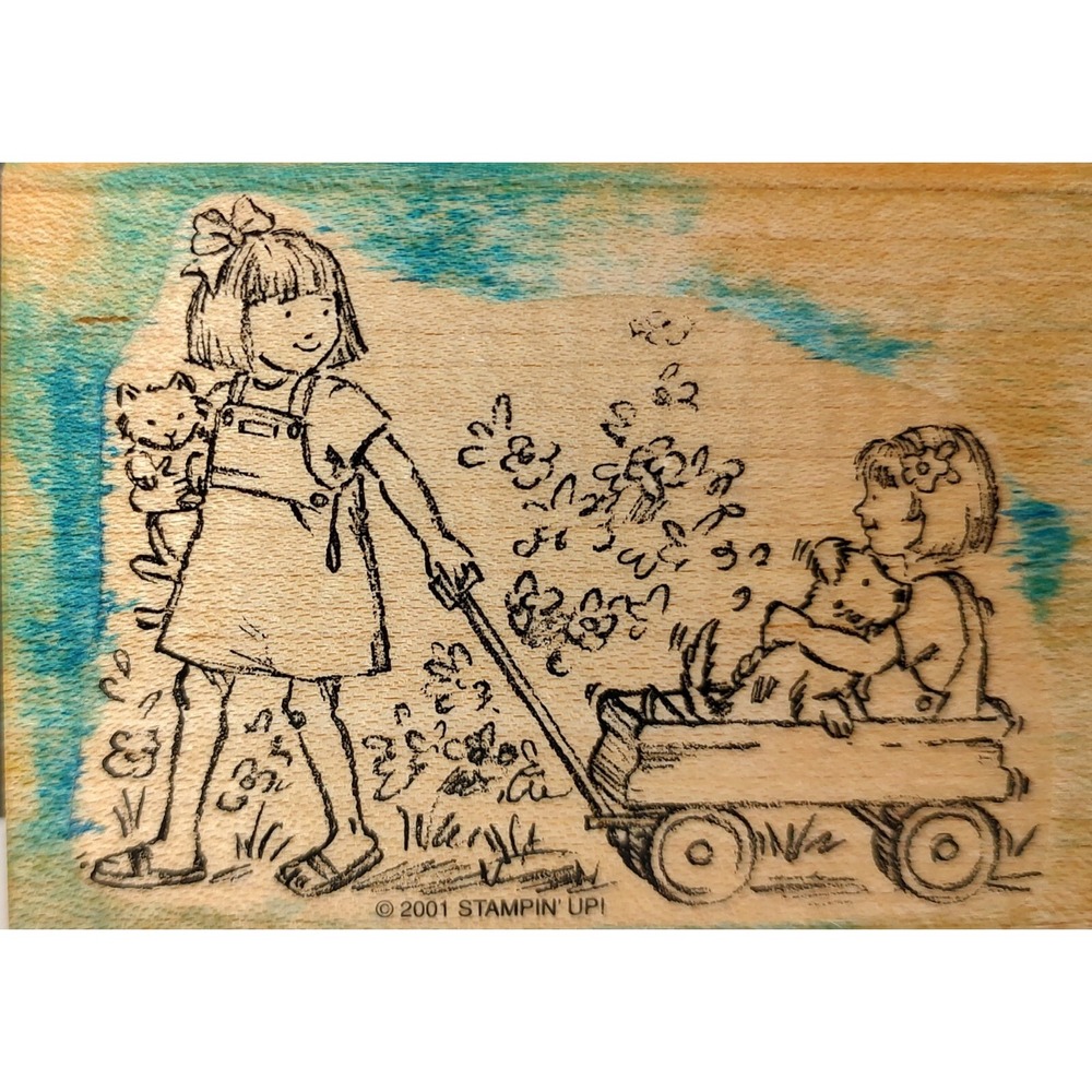 Stampin Up Little Girls Playing With‎ Wagon Rubber Stamp 2001 Vintage SEE